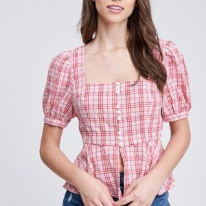 En Saison Square Neck Red Plaid Peplum Puff Sleeve Top - Small